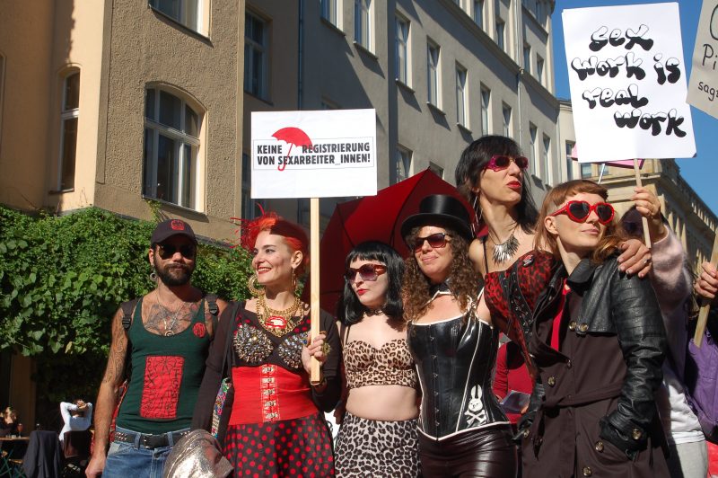 A group of people at a protest against registration of sex workers. The first professional fair for sex work is taking place in Berlin this weekend.