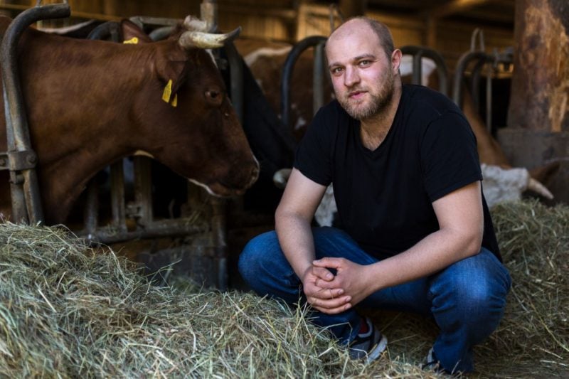Mann in Stall mit Kühen. Ingmar Jaschok ist Bauer und bloggt darüber. Im Interview erklärt er, warum Spargelstechen Gefühlssache ist.