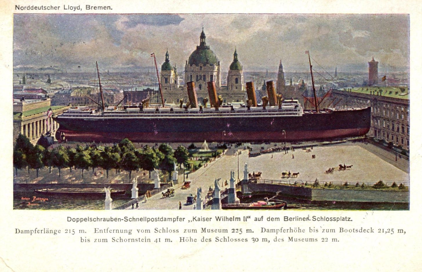 Berlin Postkarten: Längenvergleich – Dampfer Kaiser Wilhelm II. und Schloßplatz. 