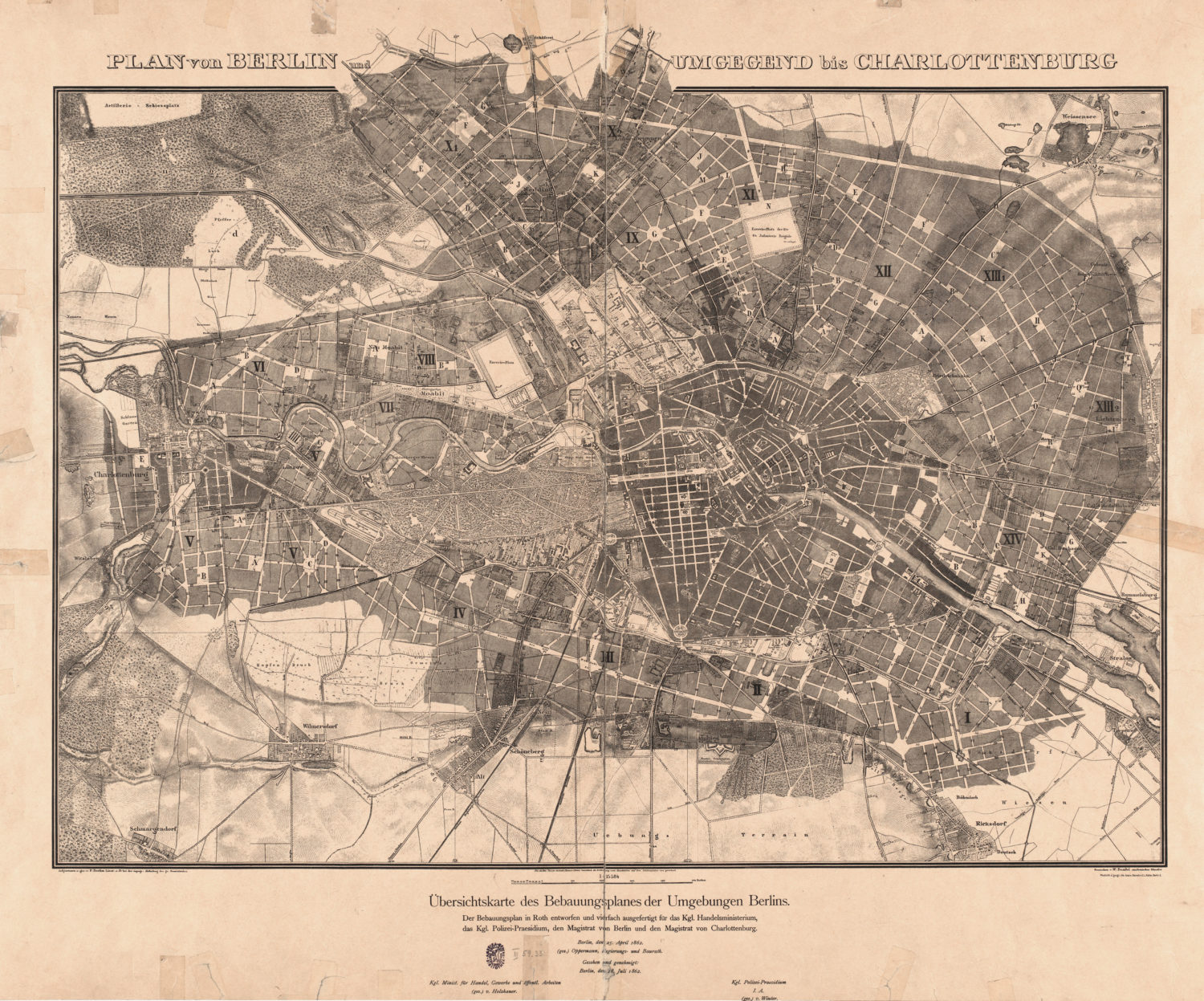 Übersichtskarte des Bebauungsplans der Umgebungen Berlins. Der Hobrechtplan prägte die Berliner Stadtplanung nachhaltig. Foto: gemeinfreiFoto: gemeinfrei