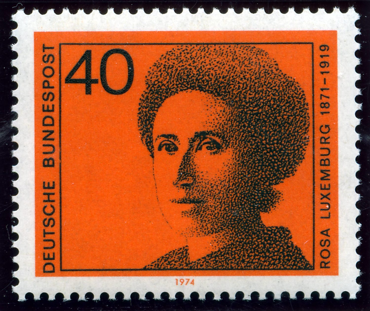 Rosa Luxemburg auf einer Briefmarke der Deutschen Bundespost über 40 Pfennig aus dem Jahre 1974. 