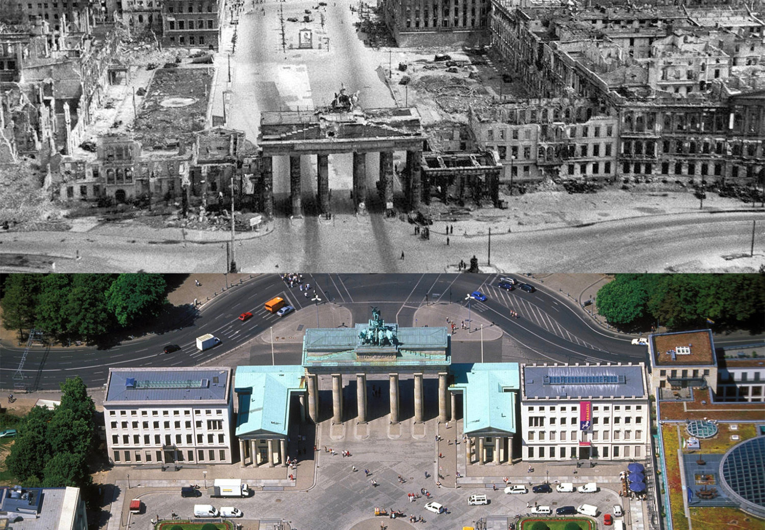 Das Brandenburger Tor im Wandel der Zeit. Oben nach der Schlacht um Berlin im Mai 1945 und unten das Brandenburger Tor heute. Fotos: Imago