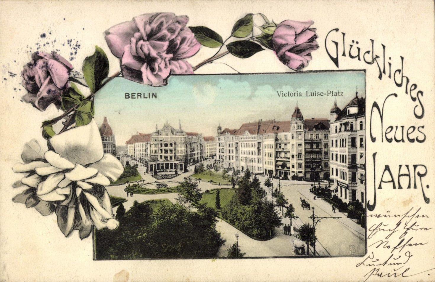 Grußkarte zum neuen Jahr mit Foto vom Victoria Luise-Platz, um 1912. Foto: Imago/Arkivi