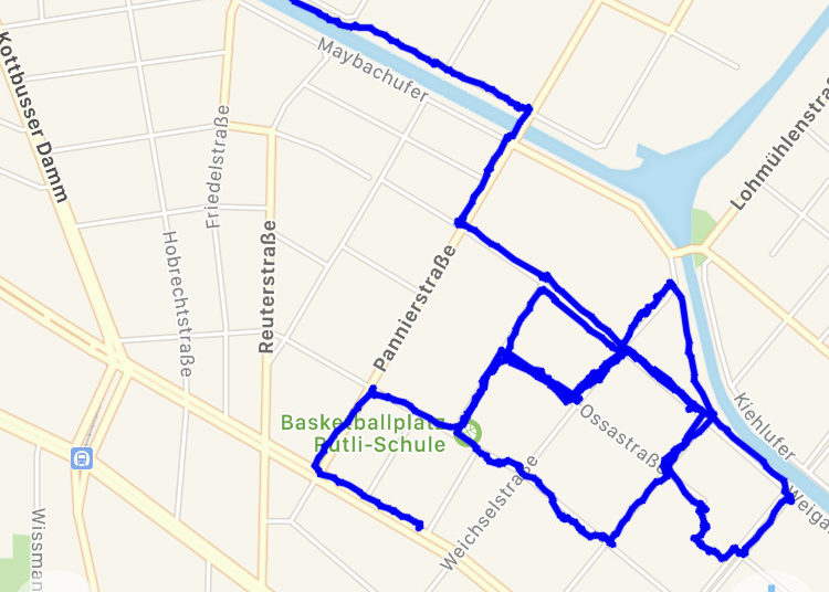 Spaziergang Berlin: Eine mit der App MyTracks erstellte Karte des gewürfelten Spaziergangs. Screenshot

