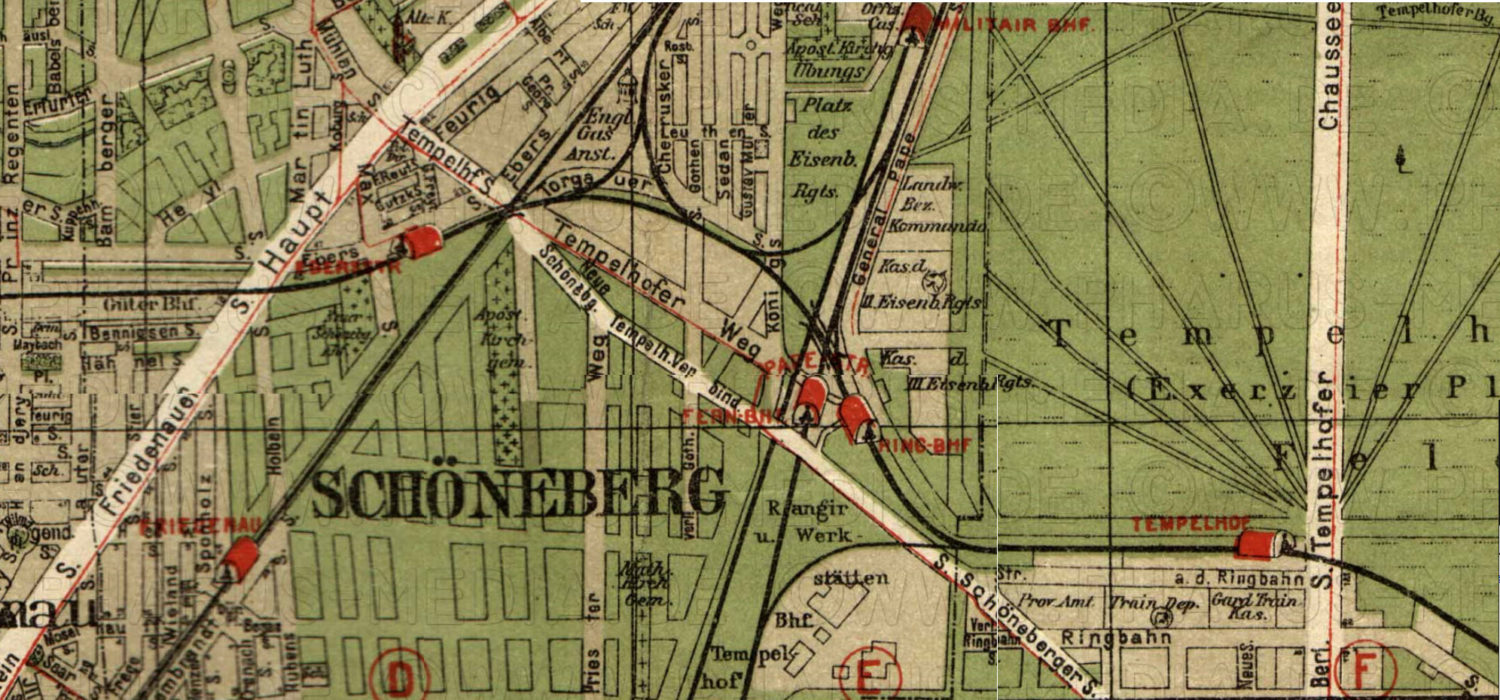 Eine Karte von 1903 zeigt den Bahnhof Papestraße. Das Tempelhofer Feld war damals Exerzierplatz, und rund um den Bahnhof lagen Militäreinrichtungen. Foto: gemeinfrei