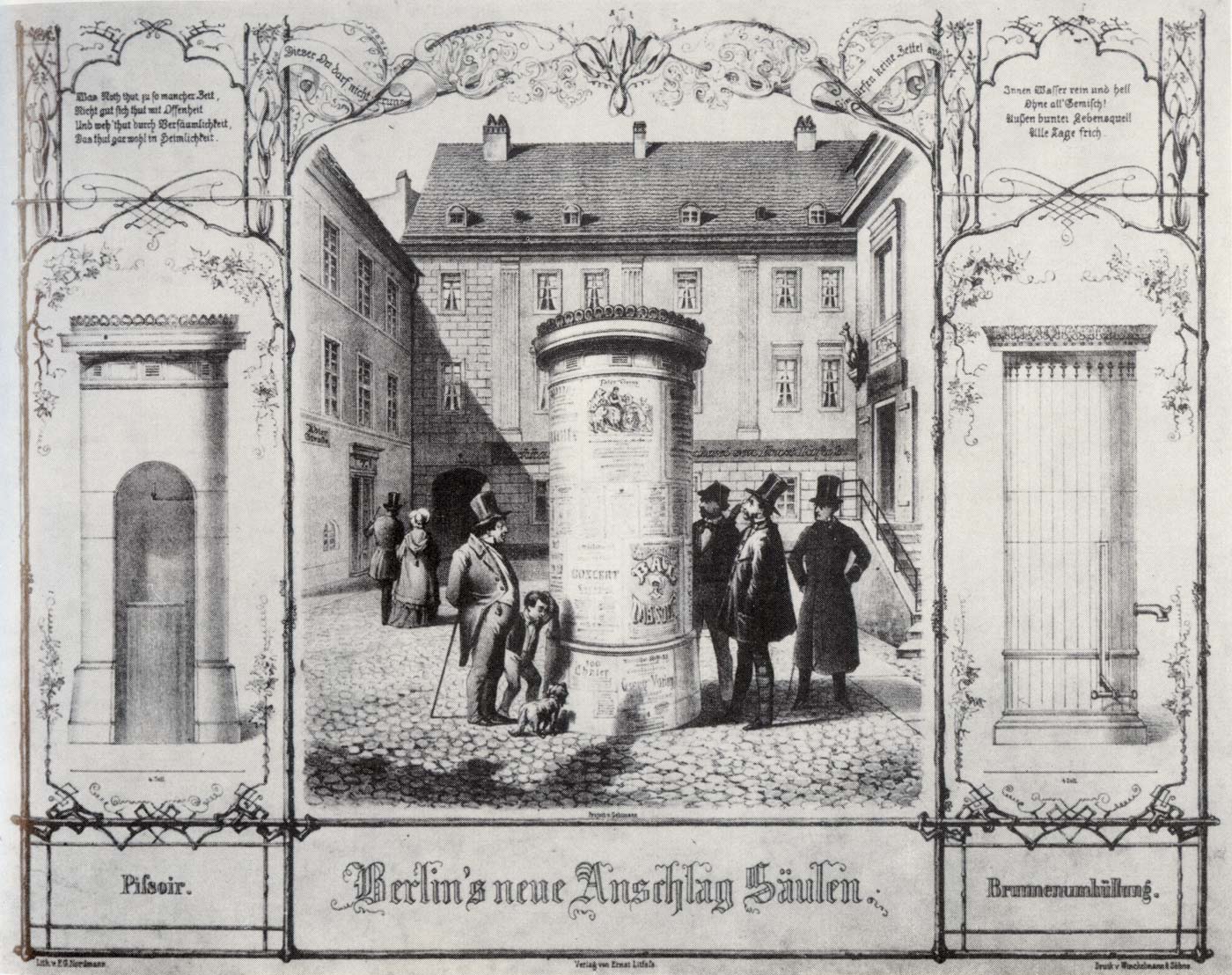 Litfaßsäulen in Berlin: Zeitgenössische Lithographie zur ersten Berliner Litfaßsäule, um 1854. Foto: Gemeinfrei/F. G. Nordmann