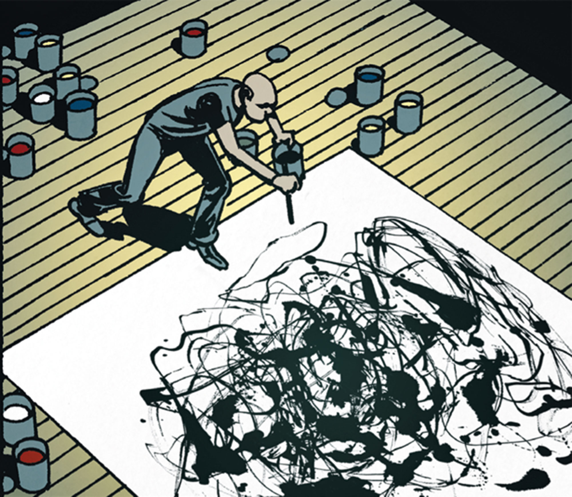 Der abstrakte Expressionist Jackson Pollock bei der Arbeit: Moderne Kunst als politische Waffe. Illustration: Onofrio Catacchio, Midas Verlag