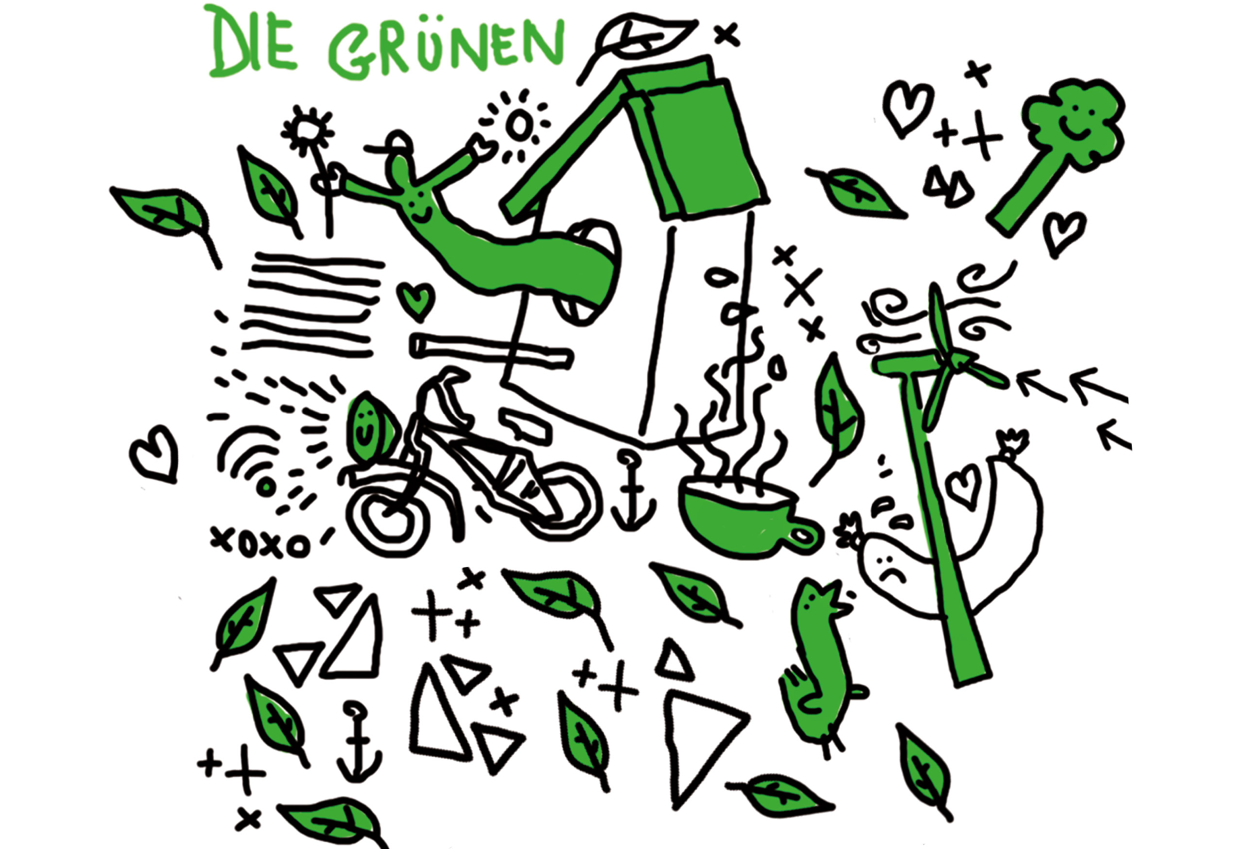 Der Baum wird zum Freund. Und die Windräder drehen sich auch gegen Widerstände. Roland von bitteschön.tv hat für uns das Wahlprogamm der Berliner Grünen illustriert. Illustration: bitteschön.tv