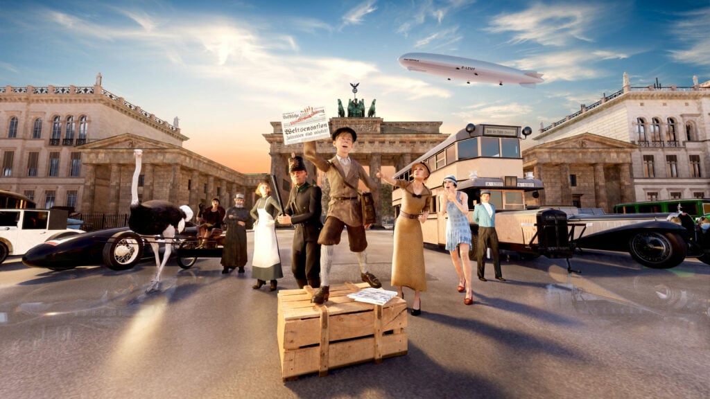 In Begleitung des Zeitungsjungen Tiger erkunden Besucher:innen der Virtual Reality Experience 20s.Berlin den Pariser Platz der 1920er-Jahre. Foto: Timetravel.Berlin