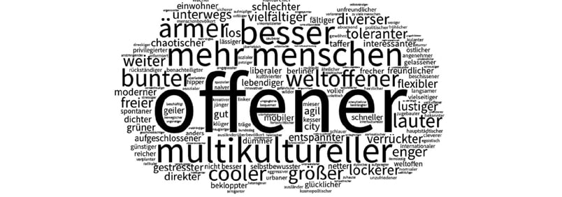Das Berliner Selbstbild – Die Antworten auf die Bitte, den folgenden Satz zu vervollständigen: "Im Vergleich zum Rest von Deutschland sind wir in Berlin viel ...". Quelle: Friedrich-Ebert-Stiftung