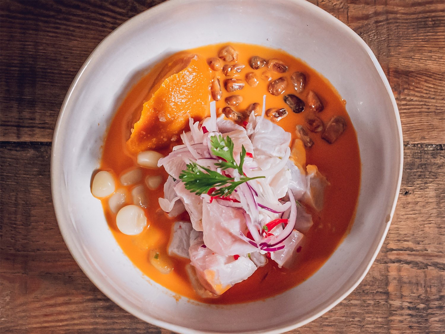 Ein Ceviche wie gemalt im Lila: Fisch trifft auf rotes Jalapeño Leche de Tigre, zweierlei Mais und Süßkartoffel.      südamerikanische restaurants in Berlin