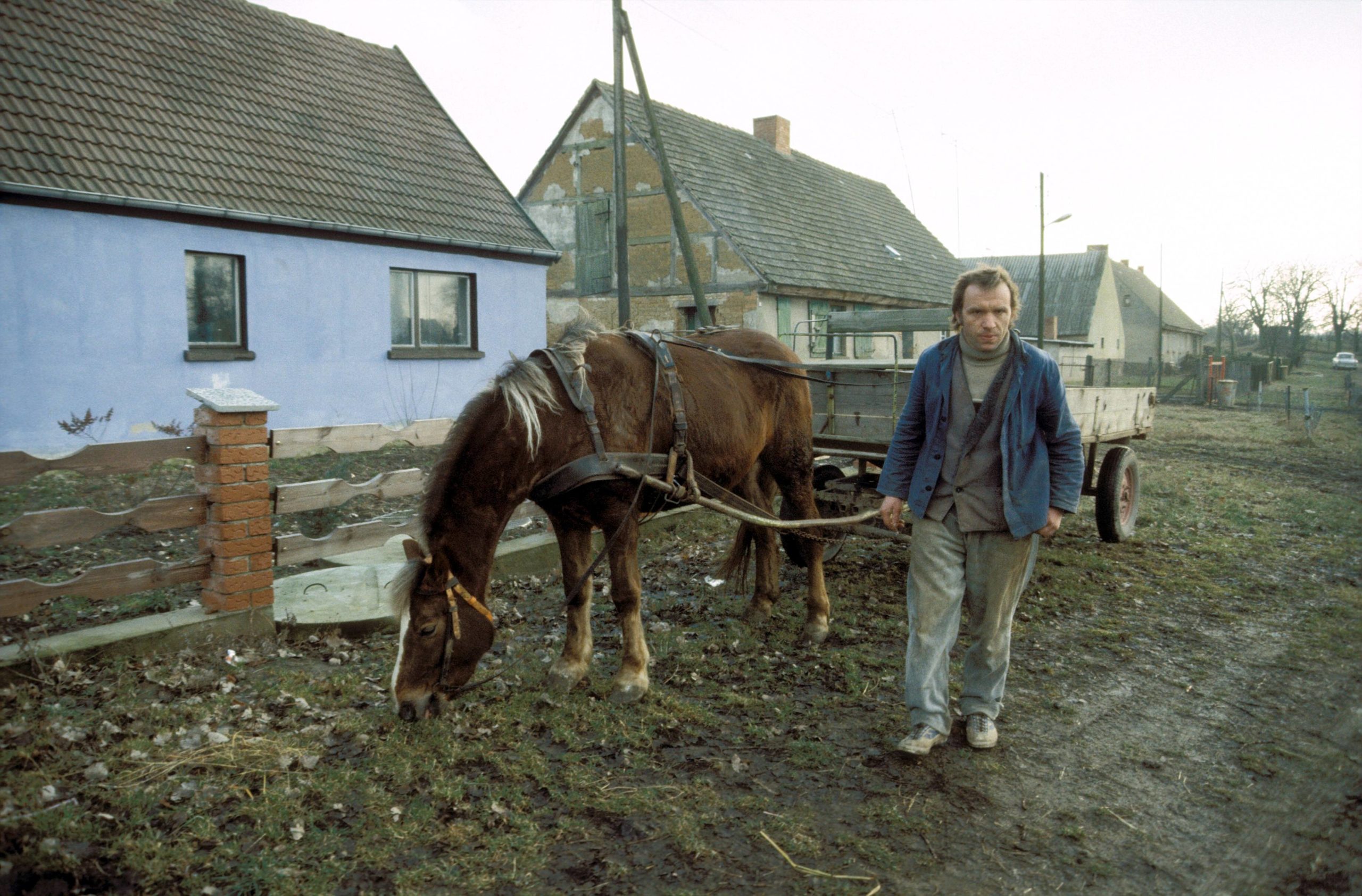 Brandenburg in den 1990er-Jahren: Bauer mit einem Pferdegespann vor seinem Hof in Krewitz, 1991. Foto: Imago/Werner Schulze