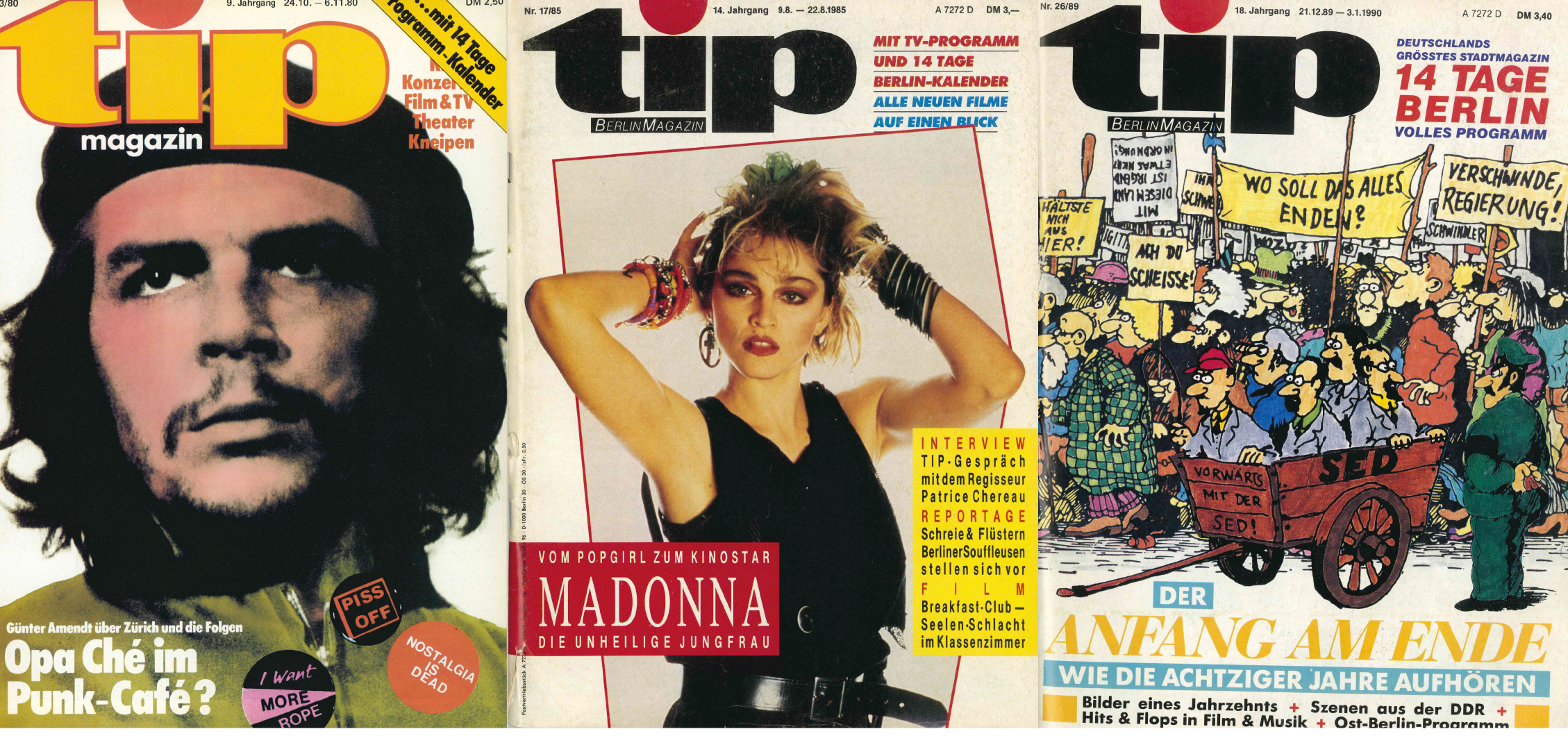 50 Jahre tipBerlin: Die 80er. Mit revolutionärem Ethos im Jahr 1980, einer Verbeugung vor Madonna 1985 und dem Blick zurüclk aufs Jahrzehnt im Dezember 1989. Collage: tipBerlin