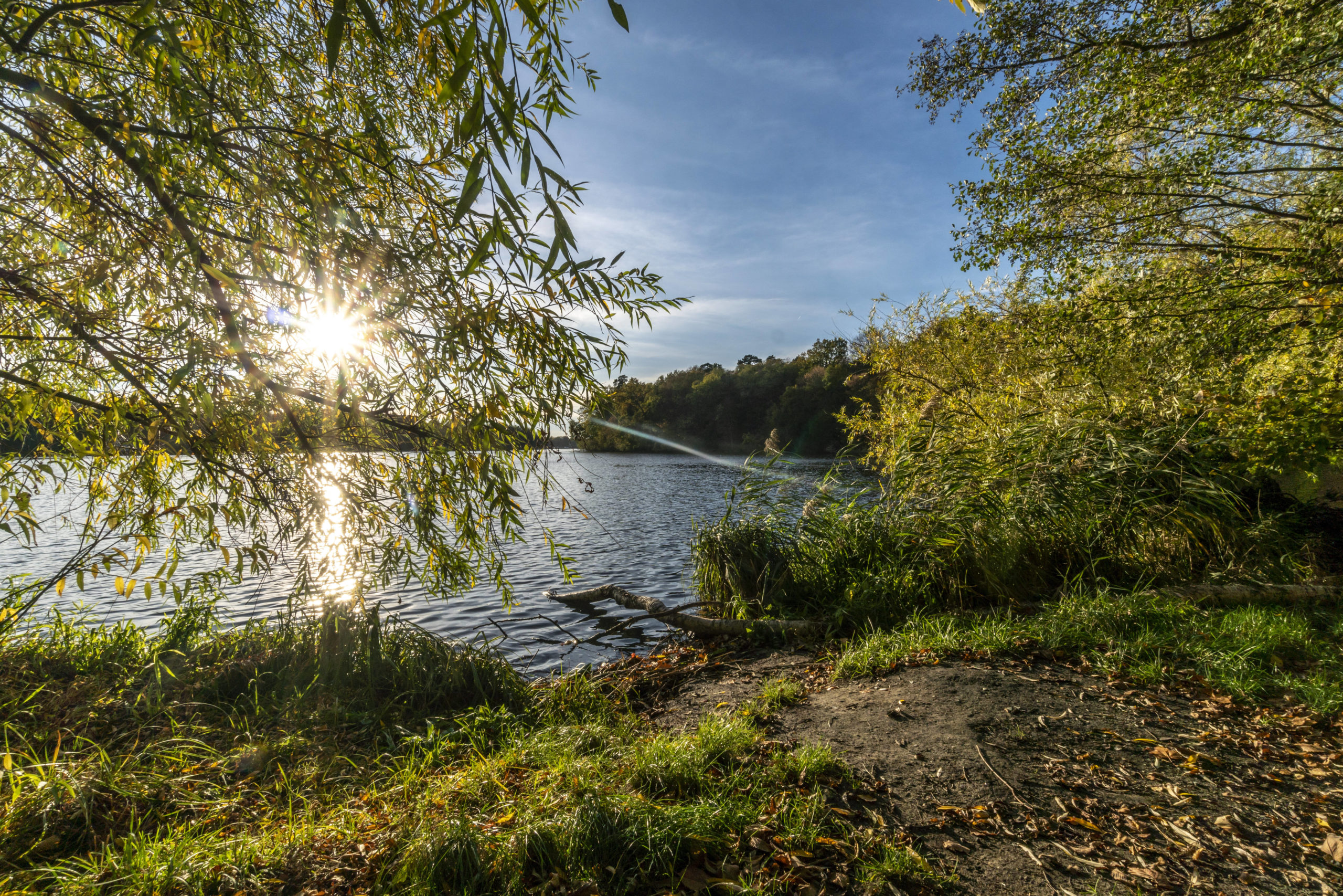 Der Machnower See im Sonnenschein ist schön. Unsere Wanderung von Berlin nach Brandenburg führt auch zu diesem Gewässer. Foto: Imago/Travel-Stock-Image