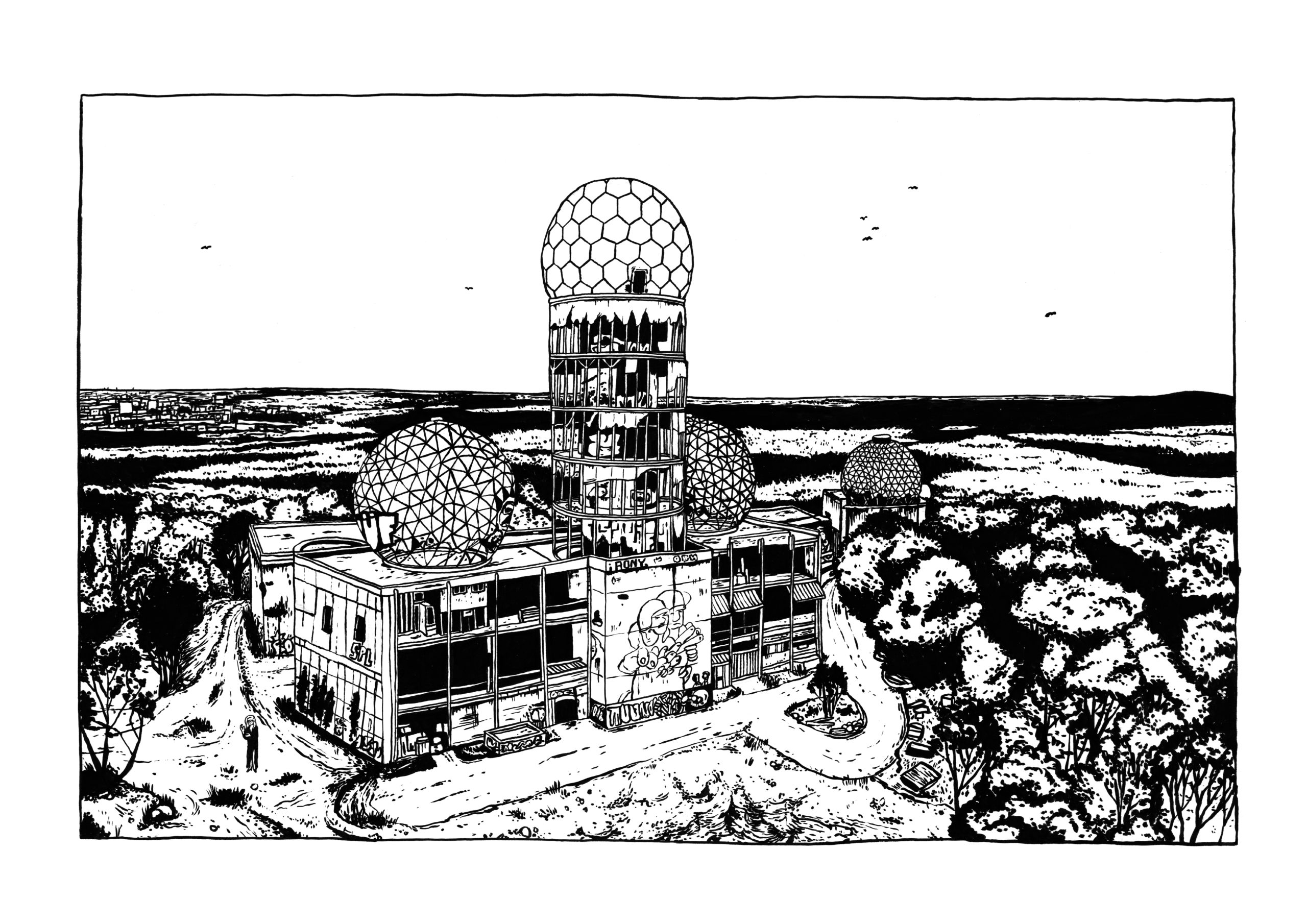 Places-Kalender: Auf Tine Fetz' Illustration der Abhörstation auf dem Teufelsberg ist Laura Palmer aus Twin Peaks versteckt. I