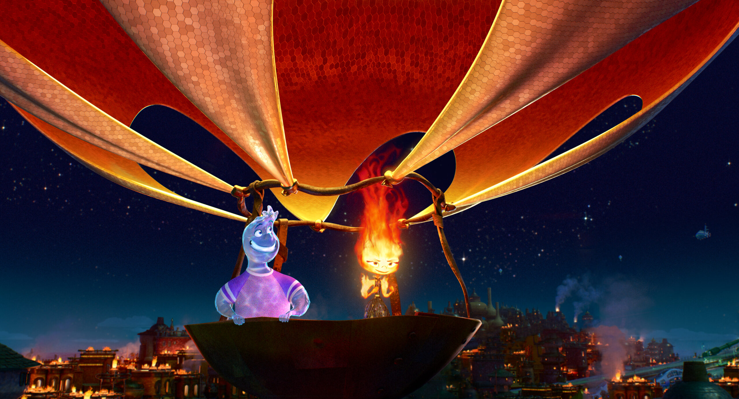 „Elemental“: Die Hauptfiguren im Pixar-Film sind ein Feuer- und ein Wasserwesen. Foto: © 2023 Disney/Pixar. All Rights Reserved.