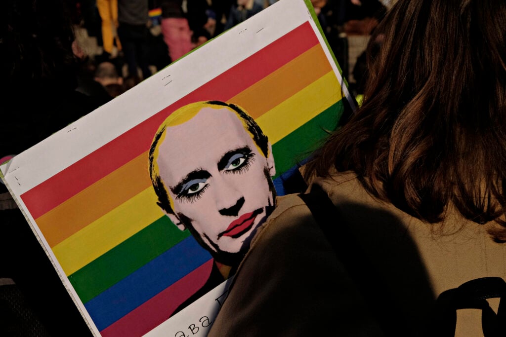 Members from LGBT community and activists gather in Bourse square in Brussels to protest the detention of gay men in concentration camps in Chechnya on Apr. 20, 2017.